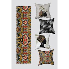 Beyaz Siyah Etnik Afrika Figürlü 4'lü Kırlent Kılıfı ve Runner Seti