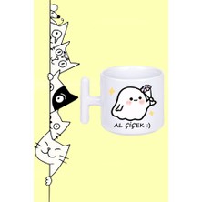 Sevimli Hayalet Al Çiçek Tasarım Baskılı Beyaz T Sap Kupa Bardak