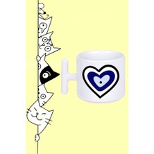 Kalp Nazar Boncuk Tasarım Baskılı Beyaz T Sap Kupa Bardak