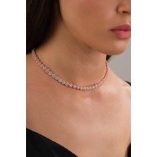 Gümüş Rose Gold Kaplama Beyaz Zirkon Taşlı Pırlanta Modeli Su Yolu Choker Tasma Kolye