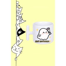 Sevimli Hayalet Seni Seviyorum Al Çiçek Tasarım Baskılı Beyaz T Sap Kupa Bardak