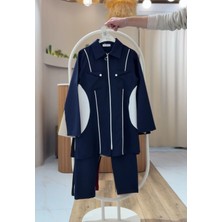 Merve Kadın Lacivert Trend Ortadan Fermuarlı Gömlek Pantolon Takım MERVE-6547