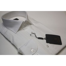 Tessitura Monti Slimfit Beyaz Poplin Gömlek – Kendinden Çizgili, Modern Italyan Yaka