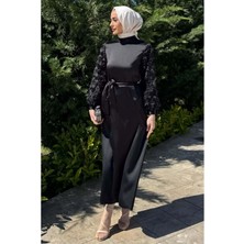 25Y4660 Elbise Abiye Saten Jkolları Gül Detaylı - Tane - 25Y4660 - Siyah - 38