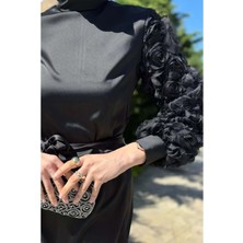 25Y4660 Elbise Abiye Saten Jkolları Gül Detaylı - Tane - 25Y4660 - Siyah - 38