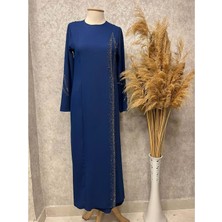 25Y4705 Elbise Abiye Krep Kumaş Önü ve Kolları Taşlı - Tane - 25Y4705 - Indigo - 48
