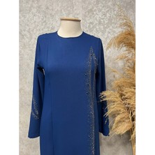 25Y4705 Elbise Abiye Krep Kumaş Önü ve Kolları Taşlı - Tane - 25Y4705 - Indigo - 48