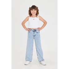 Lexsina Kız Çocuk Palazzo Jean Kesim Pantolon Beli Ayarlanabilir Lastikli Düğmeli LX300 Denim