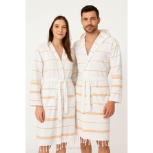 Mira Home Kapşonlu Unisex Beyaz Çizgili Banyo Deniz Plaj Peştemal Bornozu  Pamuklu