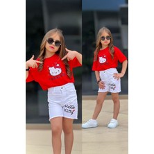 Miniğimin Cicileri Hll Kty Baskılı Kot Şortlu Kız Çocuk 2 li takım - Kırmızı