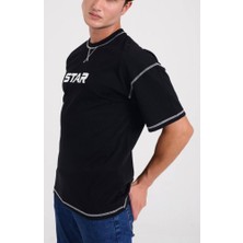 Star Erkek Siyah  Oversize Dikiş Detaylı T-Shirt