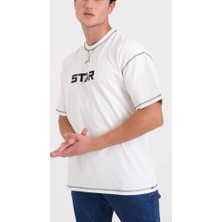 Star Erkek Beyaz  Oversize Dikiş Detaylı T-Shirt