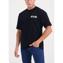 Star Erkek Siyah Yarım Yıldız Baskılı Oversize T- Shirt