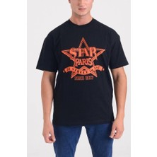 Star Erkek Siyah Oversize Star Paris Baskılı T-Shirt