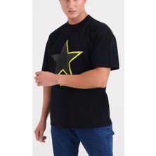 Star Erkek Siyah Oversize Yıldız Baskılı T-Shirt