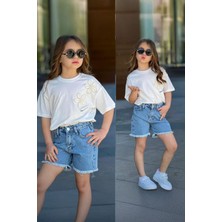 Miniğimin Cicileri Çiçek Taş Desenli Kız Çocuk Kot şotlu takım - Mavi