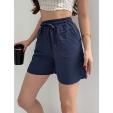 Kadın Beli Lastikli Cepli Keten Şort