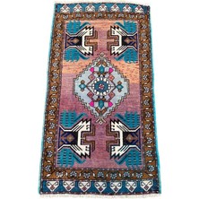 El Dokuma Vintage Küçük Kırşehir Halısı 51X94 Mor Yeşil Eskitme