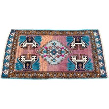 El Dokuma Vintage Küçük Kırşehir Halısı 51X94 Mor Yeşil Eskitme