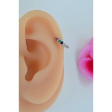 Sacce Scarves & Accessories Gümüş Renkli 8 mm Taşlı Multicolor Çok Renkli Helix Piercing Tragus Kıkırdak Lob