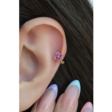 Sacce Scarves & Accessories Gold Halka Fuşya Pembesi Mini Çiçekli Tragus Piercing Helix Kıkırdak Lob