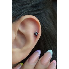 Sacce Scarves & Accessories Gümüş Renkli Çelik Siyah Çiçek Helix Piercing Kıkırdak Lob