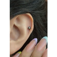 Sacce Scarves & Accessories Gold Çelik Siyah Çiçekli Helix Piercing Kıkırdak Lob