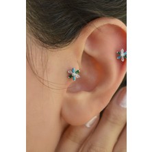 Renkli Çiçek Tragus Piercing Helix Kıkırdak Gümüş Renk