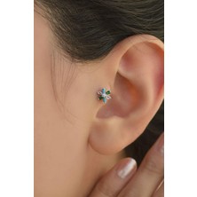 Renkli Çiçek Tragus Piercing Helix Kıkırdak Gümüş Renk