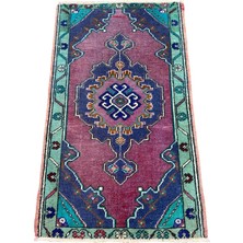 El Dokuma Vintage Küçük Halı 48X96 Mor Yeşil Eskitme