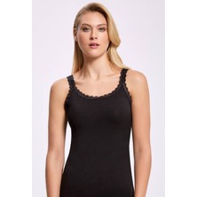 Likralı Askısı Dantelli İp Askı Siyah Kadın Atlet  5 Adet