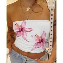 Amor Face Özel Tasarım Yaz Çiçeği Baskılı Esnek Straplez Sexy Kadın/kız  Beyaz Crop T-Shırt