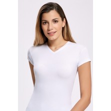 Kadın Likralı V Yaka Kadın T-shirt Beyaz