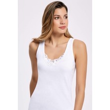 Güpürlü Geniş Askılı Beyaz Kadın Atlet