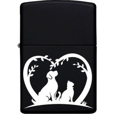 Kedi ve Köpek Desenli Kişiye Özel Isimli Benzinli Siyah Metal Çakmak