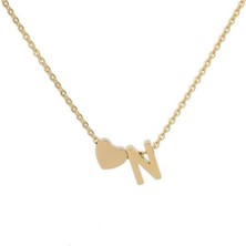 Girift Vintage Altın Kaplama Kalp N Harf 3 Boyutlu Kolye