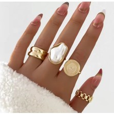 Girift Vintage Dyra 4 Adet Gold Yüzük Seti Beyaz Taşlı