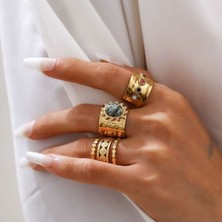 Girift Vintage Yule 3 Adet Gold Taşlı Güneş Detaylı Yüzük Seti