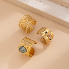 Girift Vintage Yule 3 Adet Gold Taşlı Güneş Detaylı Yüzük Seti