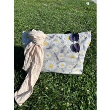 Papatya Desenli Su Geçirmez Duck Keten Plaj Çantası | Büyük Boy 45X55 cm | Fermuarlı,cepli