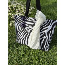 Zebra Desenli Su Geçirmez Duck Keten Plaj Çantası | 45X55 cm Büyük Boy | Fermuarlı, Astarlı, Cepli