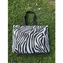 Zebra Desenli Su Geçirmez Duck Keten Plaj Çantası | 45X55 cm Büyük Boy | Fermuarlı, Astarlı, Cepli