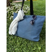 Lacivert Puantiyeli Su Geçirmez Duck Keten Plaj Çantası | Büyük Boy 45X55 cm | Fermuarlı,cepli