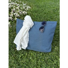 Lacivert Puantiyeli Su Geçirmez Duck Keten Plaj Çantası | Büyük Boy 45X55 cm | Fermuarlı,cepli