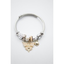 Çelik Charmlı Kelebek Bileklik - Beyaz