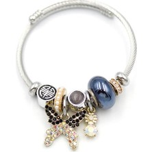 Çelik Charmlı Kelebek Bileklik - Siyah