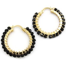 Kristal Boncuk Halka Küpe - Siyah