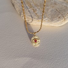 Arpa Zincirde Pembe Taşlı Plaka Göz Kolye