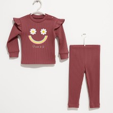 Bordo Çizgili Çiçek Desenli Kız Bebek Pijama Takımı-Choose Happy