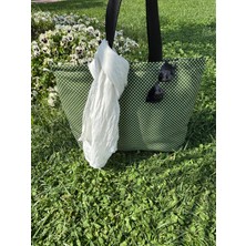 Yeşil Puantiye Desenli Su Geçirmez Duck Keten Plaj Çantası | Büyük Boy 45X55 cm | Fermuarlı,cepli